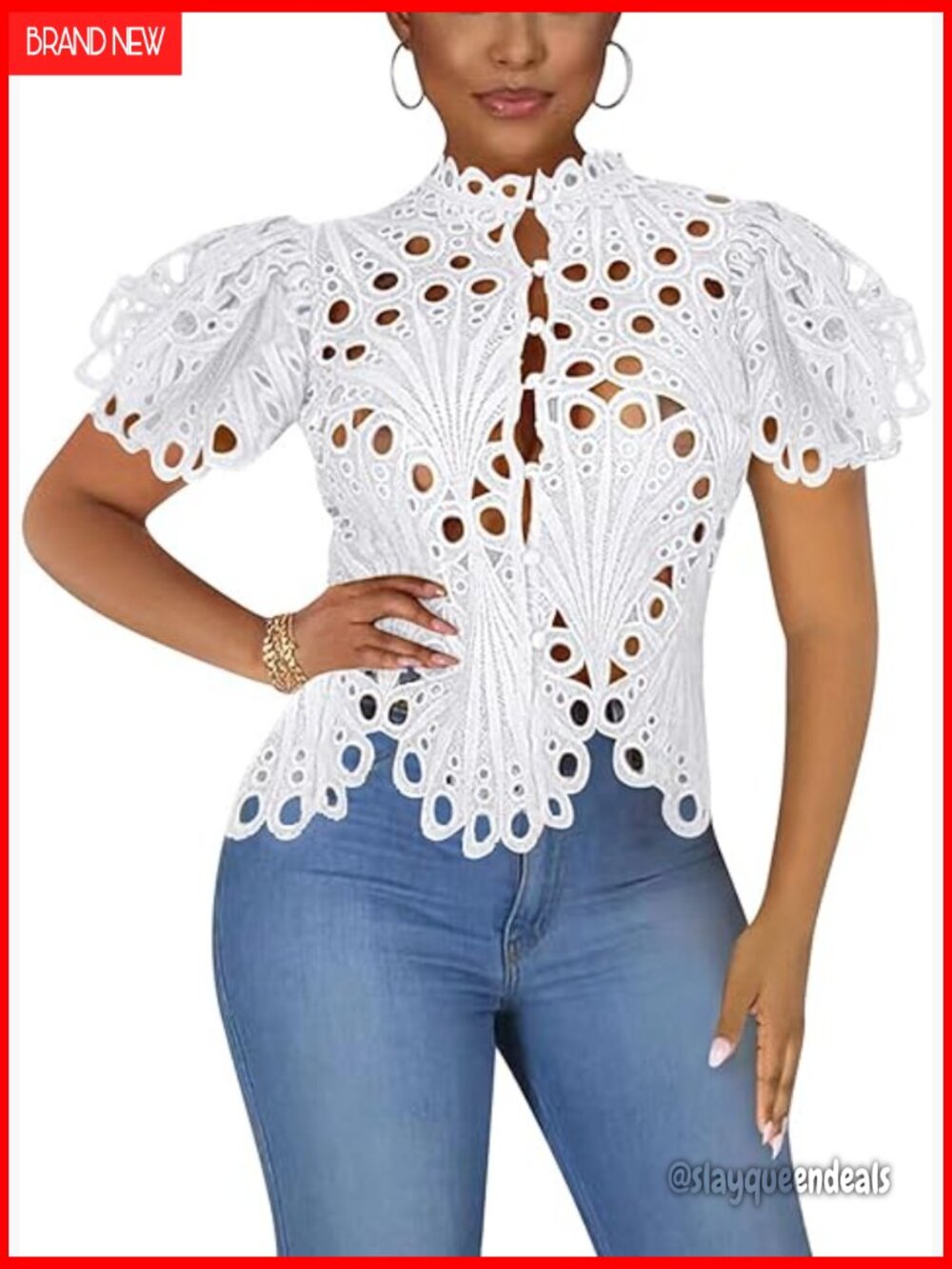 Sexy Ruffle Long Sleeve Lace Tunic Blouse V Neck Hollow Out Button Down